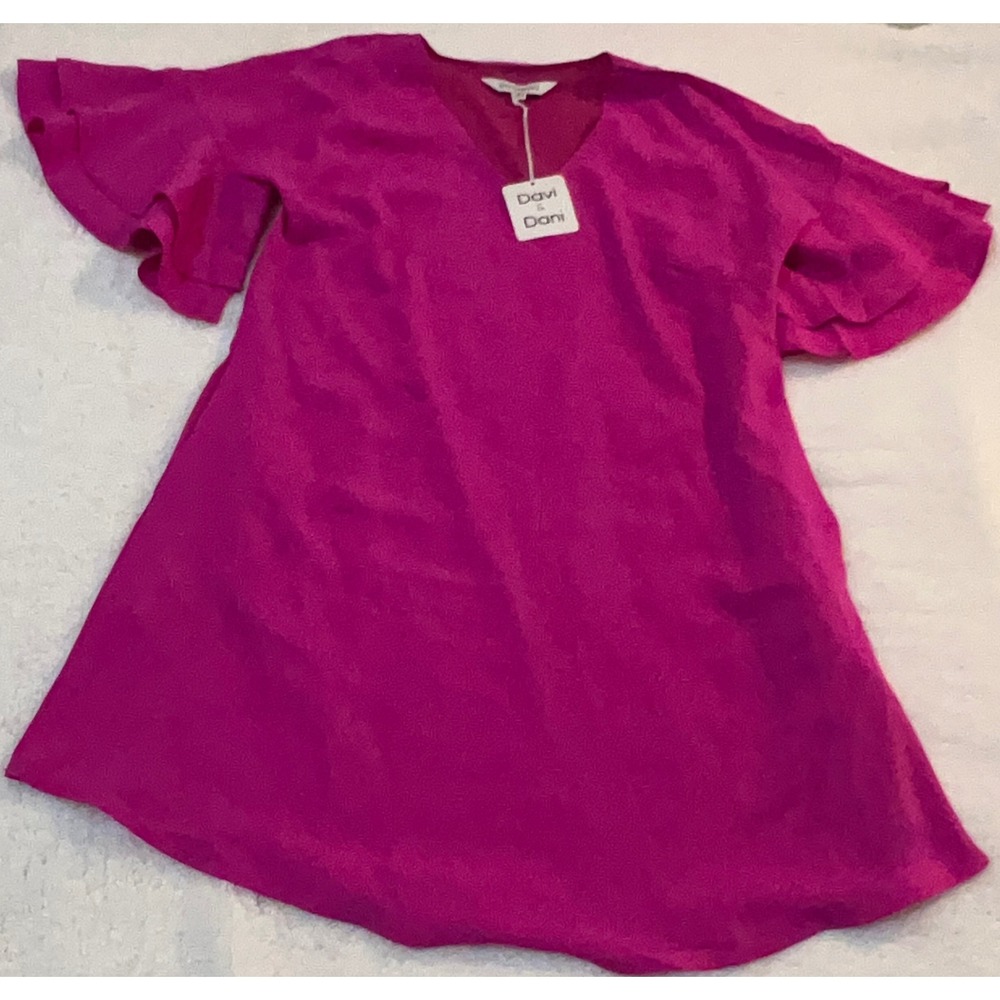 Davi & Dani Magenta Pink Satin V-Neck Ruffle Bell Sleeve Mini Dress Small NWT